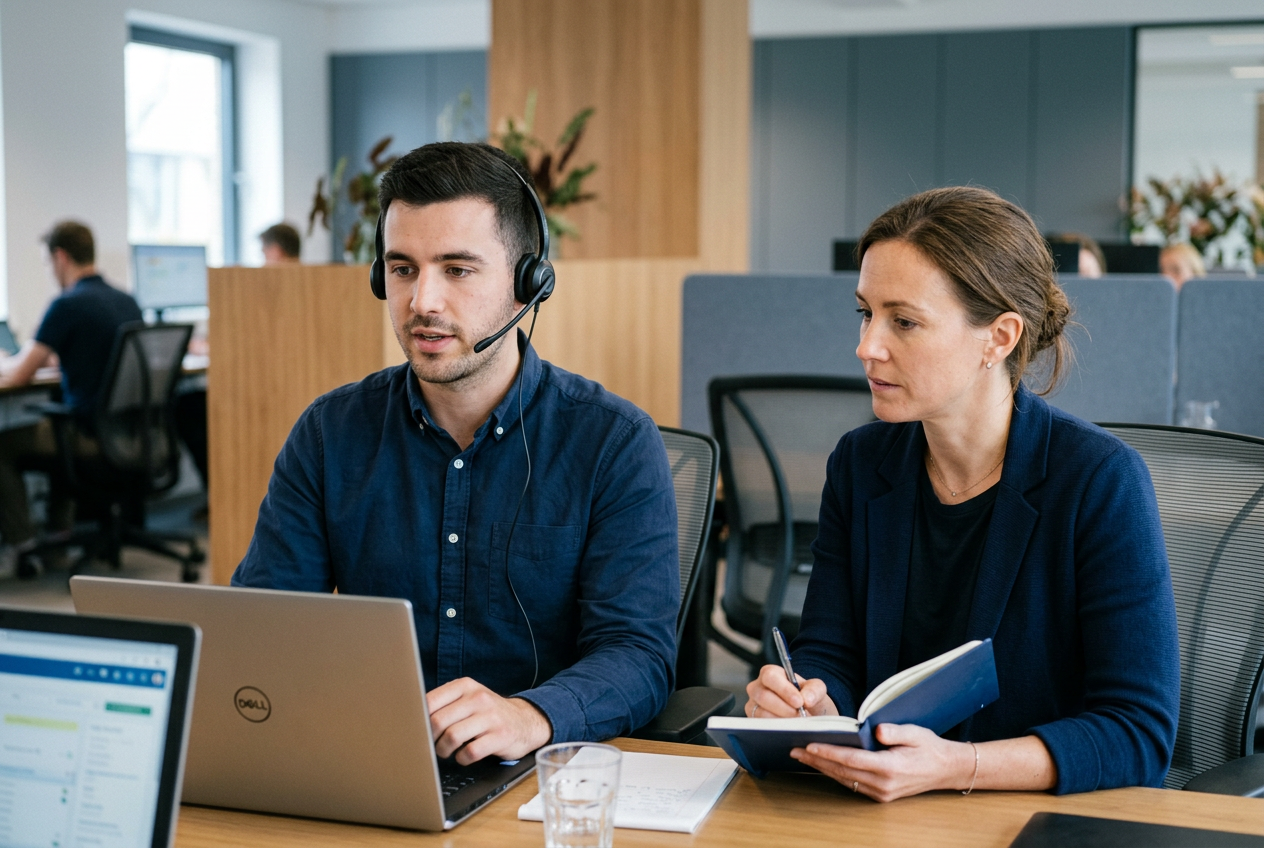 A sales representative practicing with a headset alongside a manager