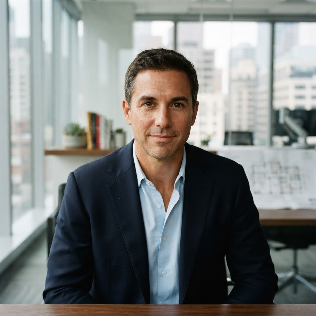 Alex Morgan, an AI commercial tenant persona in a modern office for lease negotiation practice